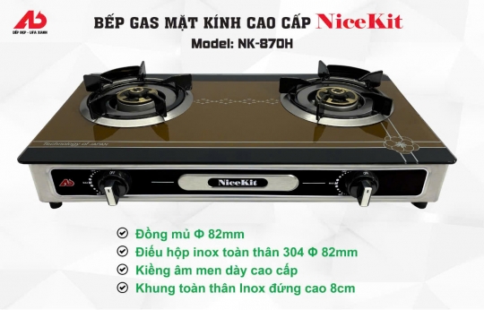 bếp gas đôi mặt kính cao cấp NICEKIT đồng mũ 82mm.