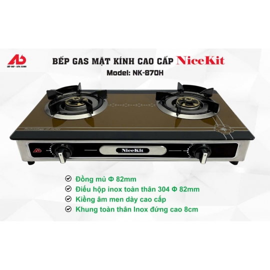 bếp gas đôi mặt kính cao cấp NICEKIT đồng mũ 82mm.